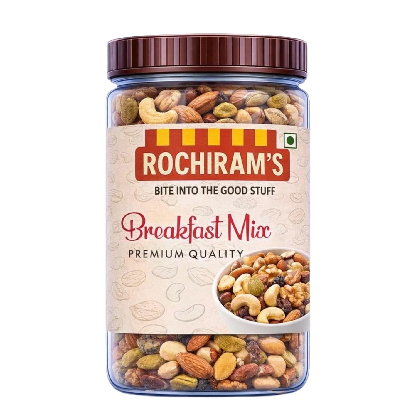 Rochiram's Breakfast Mix jar filled with almonds, cashews, pistachios and raisins